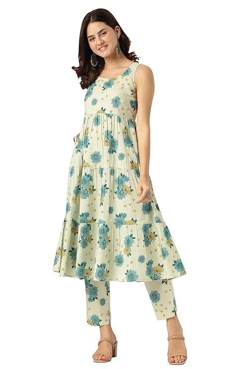 Mint Floral Pure Cotton Tiered Kurta Set