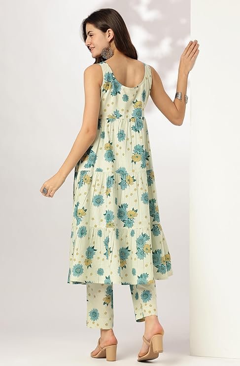 Mint Floral Pure Cotton Tiered Kurta Set