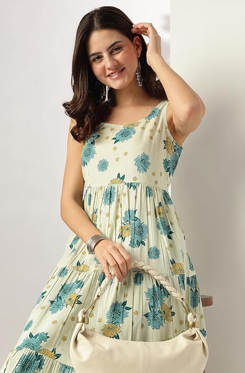 Mint Floral Pure Cotton Tiered Kurta Set