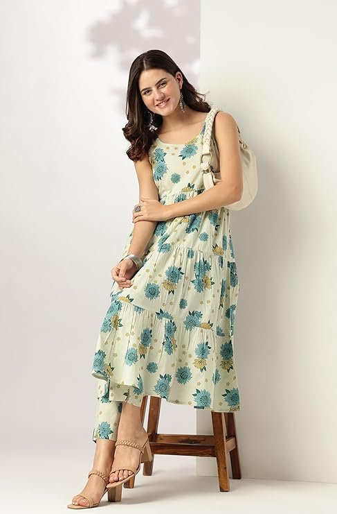 Mint Floral Pure Cotton Tiered Kurta Set